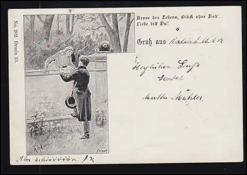 Liebes-AK M. Adam: Liebesglück über der Mauer, Ortspostkarte BERLIN 13.1.1901