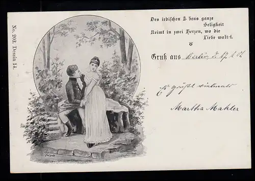 Liebes-AK M. Adam: Liebespaar im Park, Ortspostkarte BERLIN 17.1.1901
