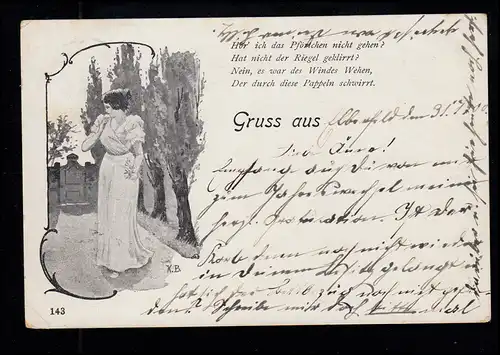Liebes-AK Sehnsuchtsvolles Warten - Frau an der Tür, ELBERFELD 31.12.1900