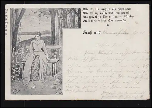 Liebes-AK M. Adam: Frau auf der Bank - Sehensuchtsvolles Warten CHEMNITZ 12.6.01