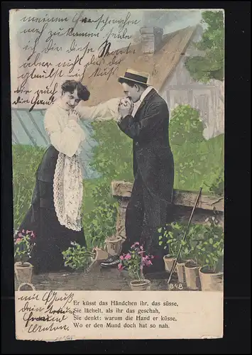 Liebes-AK Liebespaar im Garten - Der Handkuss, gelaufen um 1910