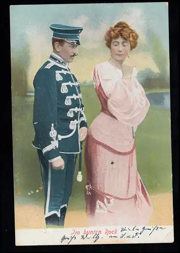 Liebes-AK Liebespaar - Im bunten Rock, ELBERFELD 27.4.1903 nach Norwegen