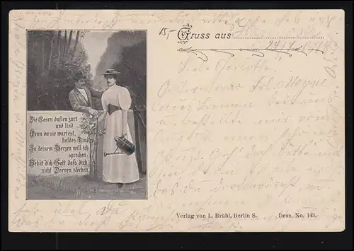 Amour-AK couple d'amour avec arroseuse dans le jardin - temps de la rose, HANNOVER 24.7.1898