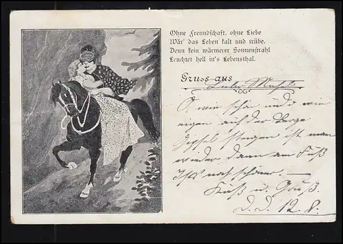 Liebes-AK Liebespaar auf einem Pferd - Der Kuss, beschriftet