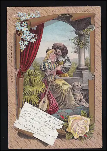 Amour-AK Couple d'amour avec mandoline au Moyen Age, SCHÖNEBECK (ELBE) 2.6.1900