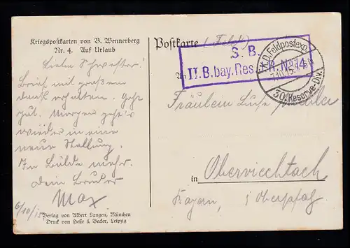 Liebes-AK Liebespaar - Auf Urlaub, Feldpost BS II. B.bay.Res.I.R. 14 - 7.10.1915