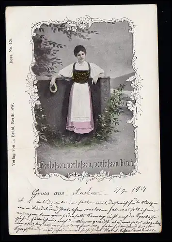 Liebes-AK Verlassenes Mädchen mit Kranz, AACHEN 1,7,1901 nach MONTJOIE 2.7.01