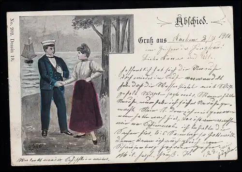 Liebes-AK M. Adam: Liebespaar - Abschied, AACHEN 2.7.1901 nach MONTJOIE 3.7.01