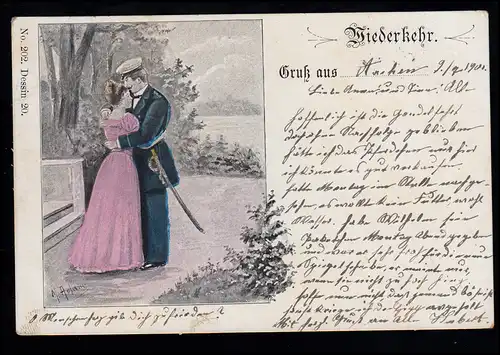 Liebes-AK M. Adam: Liebespaar - Wiederkehr, AACHEN 9.7.1901 nach MONTJOIE 10.7.