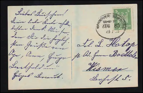 Bahnpost HANNOVER-HAMBURG ZUG 85 - 23.7.1925 auf AK Frau mit Weidenkätzchen