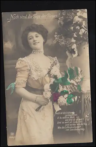 AK de mode jours de roses - femme avec bouquet, colorié, ESSLINGEN 29.6.1911