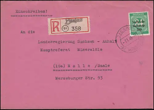 211 SBZ-Aufdruck als EF auf R-Brief Not-R-Zettel ZIESAR (Bz. MAGDEBURG) 7.1.1949