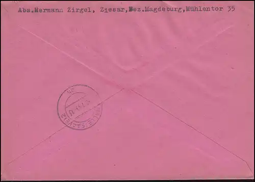 211 SBZ-Aufdruck als EF auf R-Brief Not-R-Zettel ZIESAR (Bz. MAGDEBURG) 7.1.1949