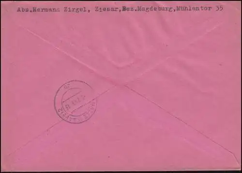 211 SBZ-Aufdruck als EF auf R-Brief Not-R-Zettel ZIESAR (Bz. MAGDEBURG) 7.1.1949