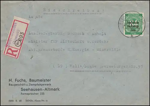 211 Impression SBZ en EF sur lettre R Not-R-Zeltel Seehausen (ALTMARK) 5.1.1949
