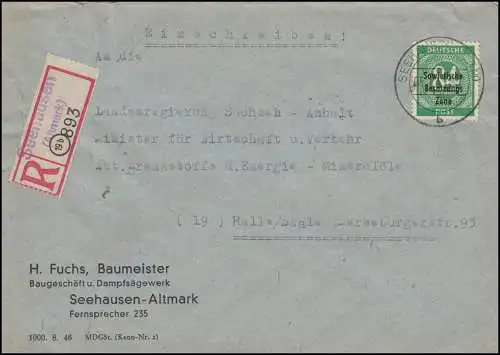 211 SBZ-Aufdruck als EF auf R-Brief Not-R-Zettel SEEHAUSEN (ALTMARK) 5.1.1949