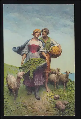 AK amour D. Mastroianni: Couple affectueux avec moutons sur le pâturage, inutilisé