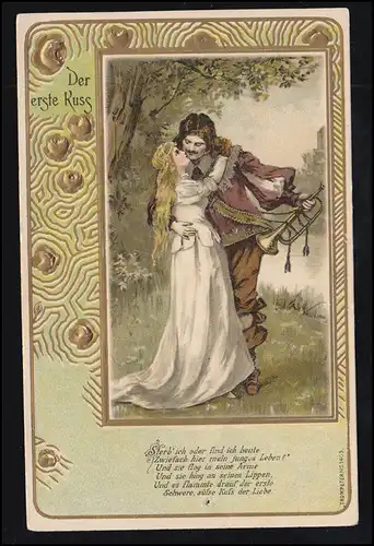 Amour-AK Couple d'amour au Moyen Age - Musicien avec trompette, inutile