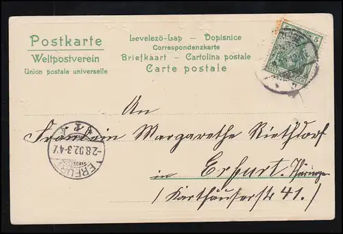 Liebes-AK Liebespaar am Balkon - Musikant mit Trompete, nach ERFURT 2.8.1902