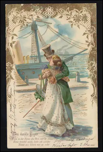 Amour-AK Couple d'amour - Le baiser sur le quai: Deux yeux sombres, 1904