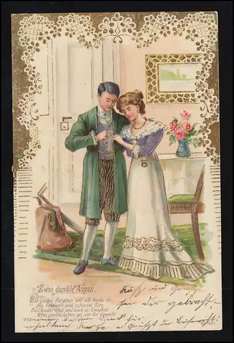 Liebes-AK Liebespaar - Der Verlobungsring: Zwei dunkle Augen, 24.2.1904