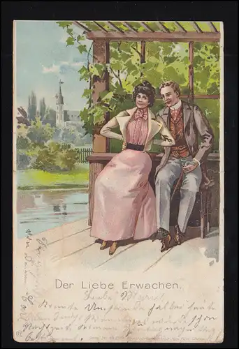 Liebes-AK Liebespaar - Der Liebe Erwachen! gelaufen 1902