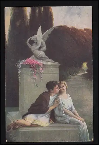 AK Kroy: Le bonheur de l'amour - Le couple d'aimer sous une sculpture angélique, 19.4.1918