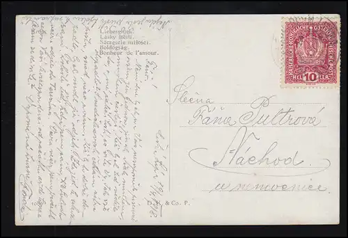 Liebes-AK Kroy: Liebesglück - Liebespaar unter einer Engelsskulptur, 19.4.1918