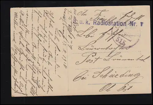Poste de champ 515 - 18.8.1918 AK Amour couple bonheur BS K.u.K. Radio Station n° 1