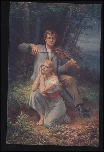 Künstler-AK Ad. Liebscher: Heimweh - Musikant mit Geige, ungebraucht