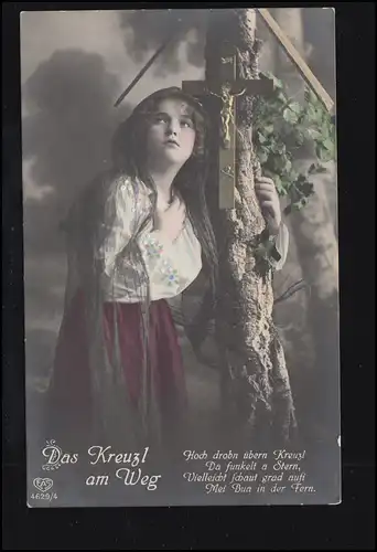 Schweiz Liebes-AK Betendes Mädchen am Wegekreuz, BALDEGG 20.3.1919