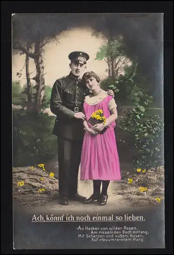 Liebes-AK Liebespaar - Soldat mit Frau im roten Kleid, ULM (DONAU) 25.8.1933