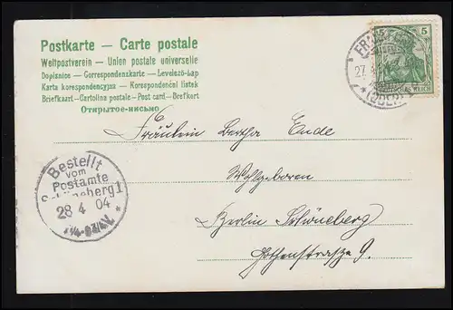 Liebes-AK Liebespaar beim Wandern, FRANKFURT / ODER 27.4.1904 nach SCHÖNEBERG