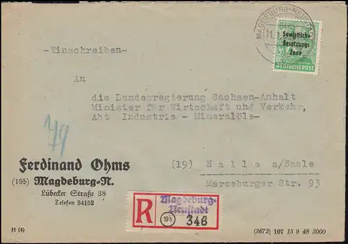 197 SBZ-Aufdruck EF auf R-Brief Not-R-Zettel MAGDEBURG-NEUSTADT 11.1.1949