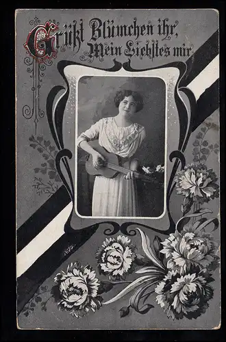 AK d'amour femme avec guitare et guiturisme fleuri, Maison FRENZ 13.9.1916