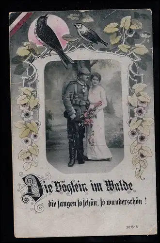 Amour-AK Couple d'amour en uniforme avec oiseaux, VIECHTACH 19.3.1917
