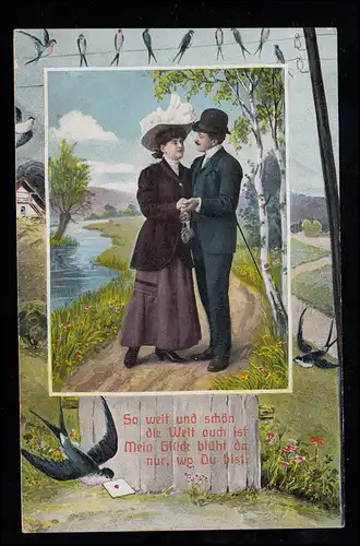 Liebes-AK Liebespaar mit Schwalben und Brieftaube, 1913