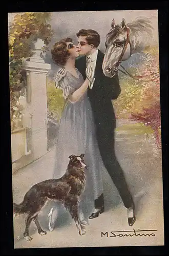 AK amour M. Santino: Un couple embrassé avec chien et cheval, inutile