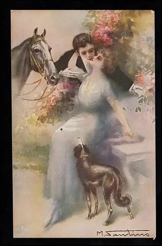AK amoureux M. Santino: Couple affectueux avec chien et cheval, inutilisé