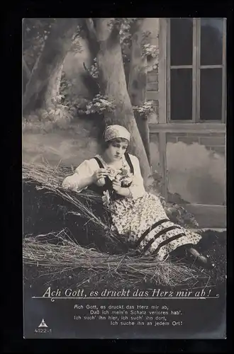AK Amour La chance perdue - Fille triste avec des fleurs, Poste de champ 9.12.1917