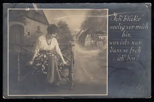 Liebes-AK Dorfidylle Frau mit Blumen auf der Bank, OBERHAUSEN (RHLD.) 13.10.1919