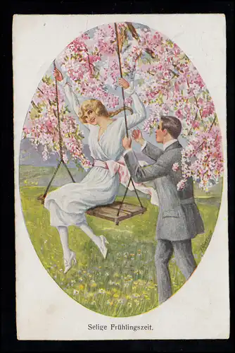 Liebes-AK: Selige Frühlingszeit - Frau auf einer Schaukel, gelaufen um 1921