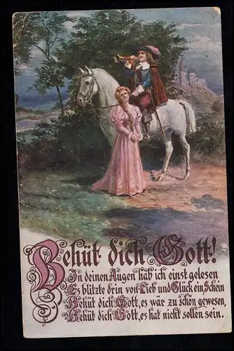 Liebes-AK: Liebespaar im Mittelalter - Trompeter zu Pferd, nach NESTELBACH 1919