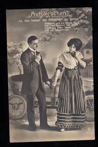 Liebes-AK: Autoliebchen - Liebespaar vor Auto mit Gedicht, WÜSTEN um 1913