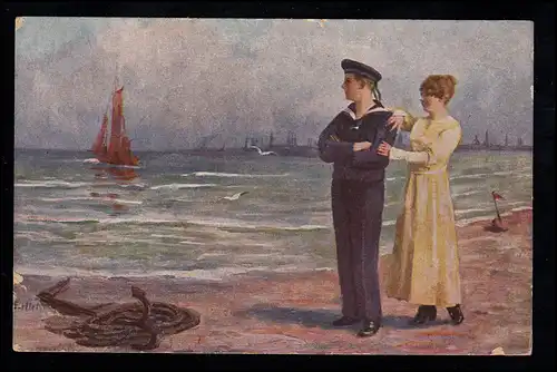 Liebes-AK Burger: Liebespaar am Meer - Matrose mit Frau, ungebraucht