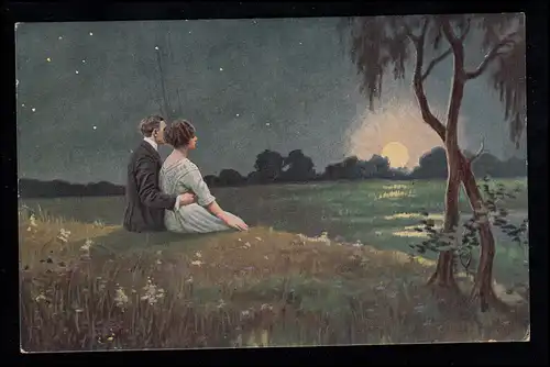 Liebes-AK H. Sachs: Der Mond ist aufgegengen - Liebespaar am Meer, ungebraucht