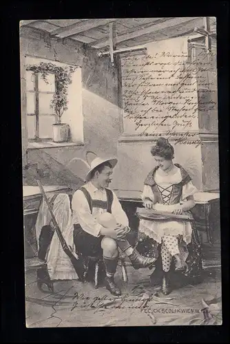 Foto-AK Scolik: Liebespaar - Frau mit Zither, HARPSTEDT 21.7.1902 nach Berlin
