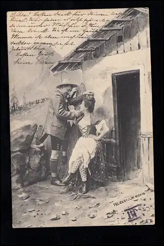 Foto-AK Scolik: Liebespaar vor der Almhütte, HARPSTEDT 23.7.1902 nach Berlin