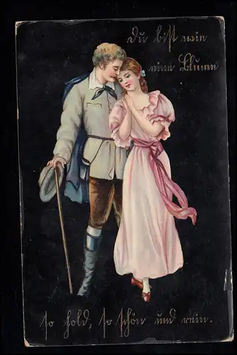 Liebes-AK: Liebespaar vor schwarzem Hintergrund, Goldschrift, OBERHAUSEN 1908 