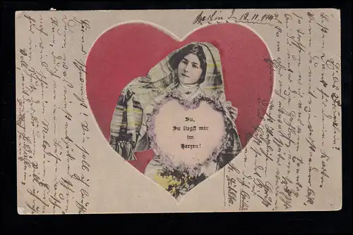 Liebes-AK: Frau mit Kopfbedeckung im roten Herz, BERLIN 12.11.1904